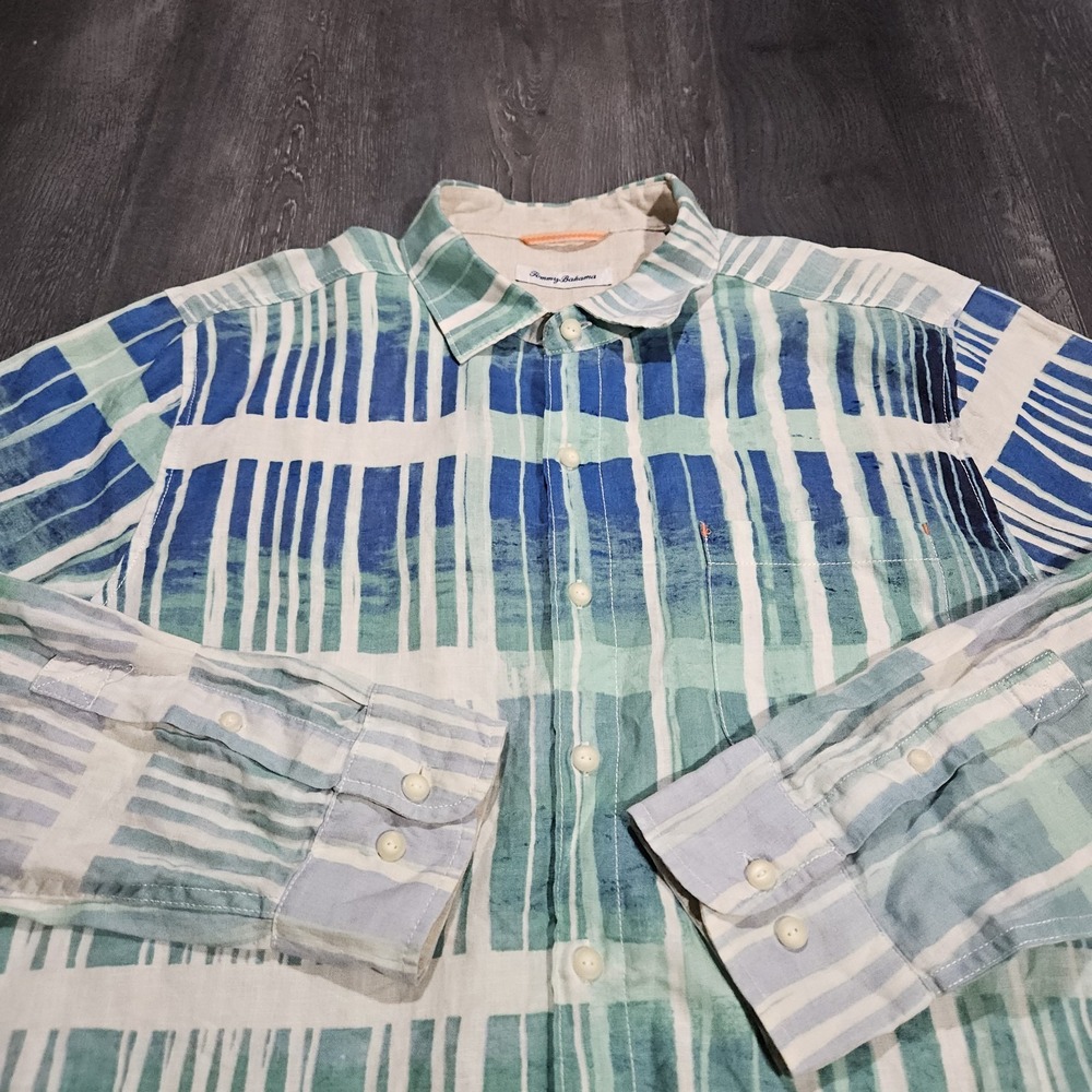 Tommy Bahama 100% Linen Shirt Men L Blue Striped Beach Preppy Boating Yachting - Picture 6 of 12